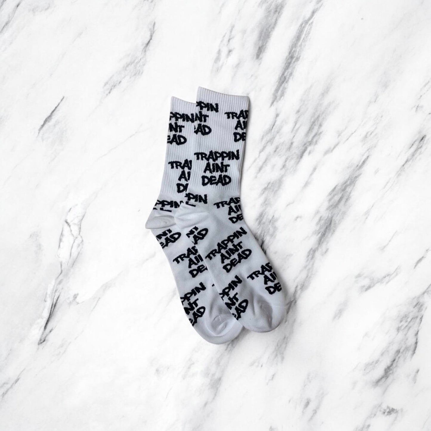 WFM “Trappin Ain’t Dead” Socks (White)