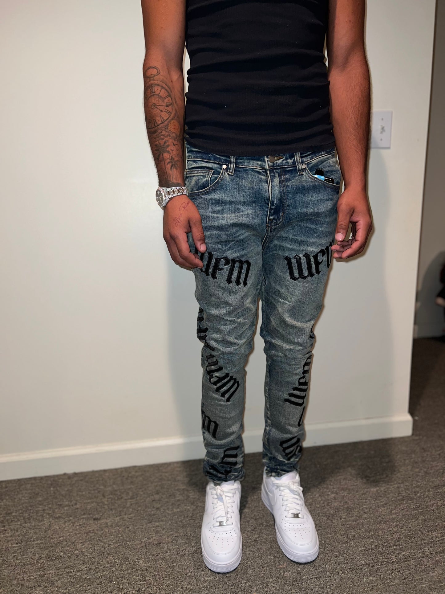 WFM Distressed Logo Denim